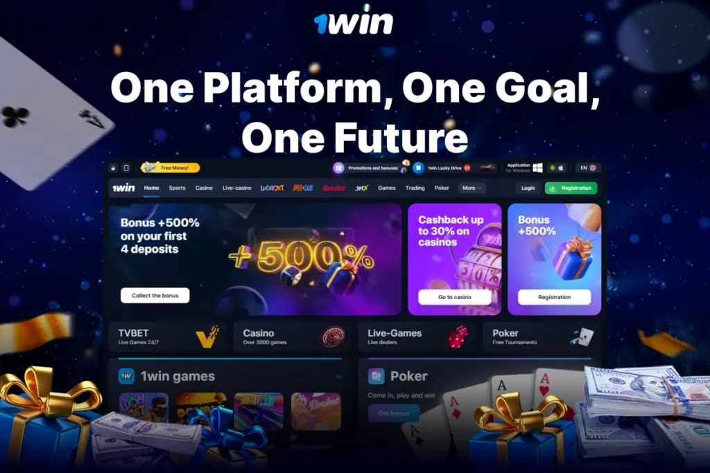 Screenshot of official 1Win Nigeria homepage on blue background with confetti, sparkles, money and gift boxes