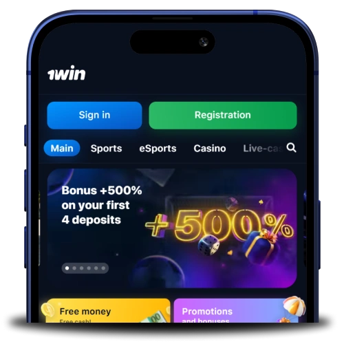 A phone with the official 1WIN app on its screen