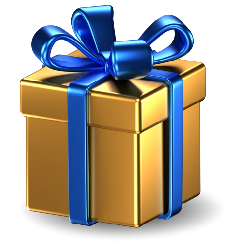 Gold gift box with a blue bow