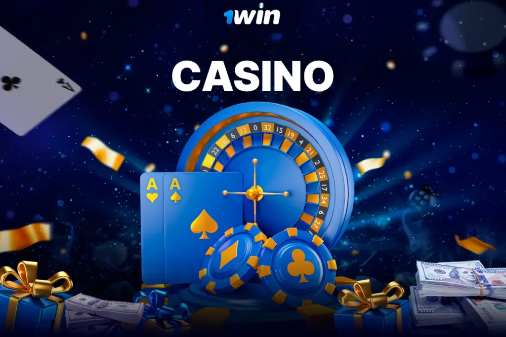 1Win Nigeria casino icons with blue background, sparkling lights, roulette wheel, poker chips and cards, confetti and gift boxes with cash.