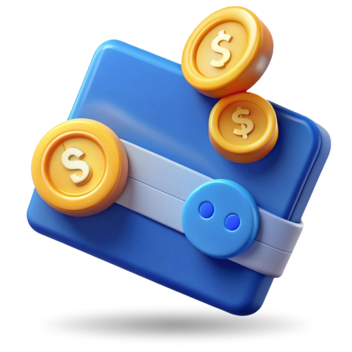 3D icon of a blue wallet with gold coins