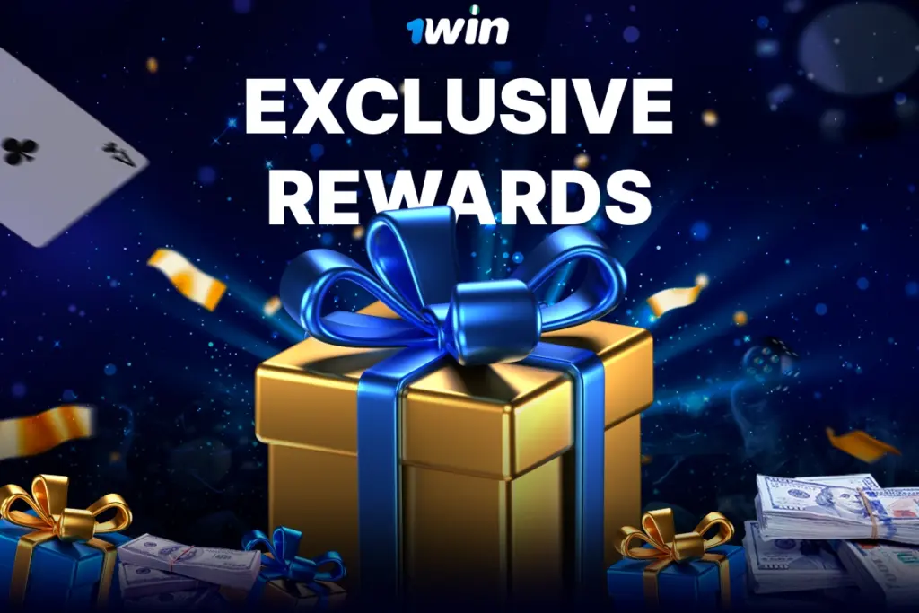 Large golden gift box with blue ribbon surrounded by confetti, sparkles and money for 1Win Nigeria rewards