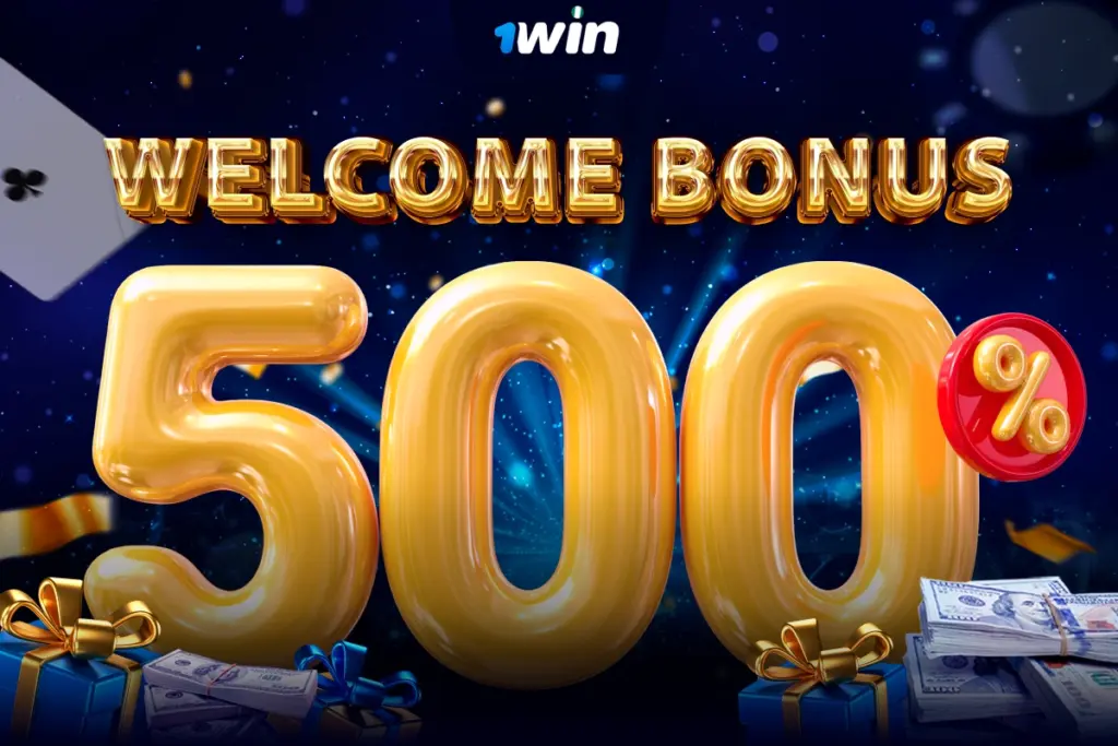 Large golden 3D 500% text on sparkling blue background with confetti, cash and gift boxes symbolizing 1Win Nigeria welcome bonus.