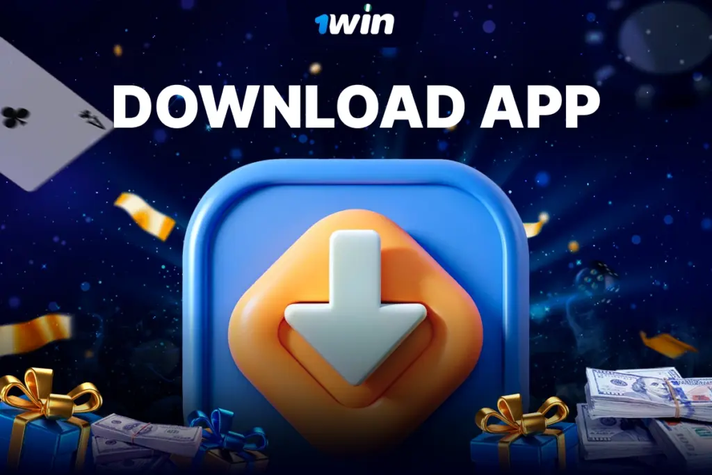 3D download icon with blue and gold colors on sparkling blue background with confetti, money and gift boxes for 1Win Nigeria app.