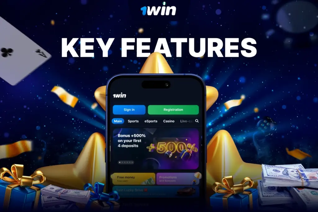 1Win Nigeria mobile site on smartphone with 3D golden star icons behind it, on blue background with sparkles, confetti and cash.