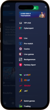 1win app menu screen