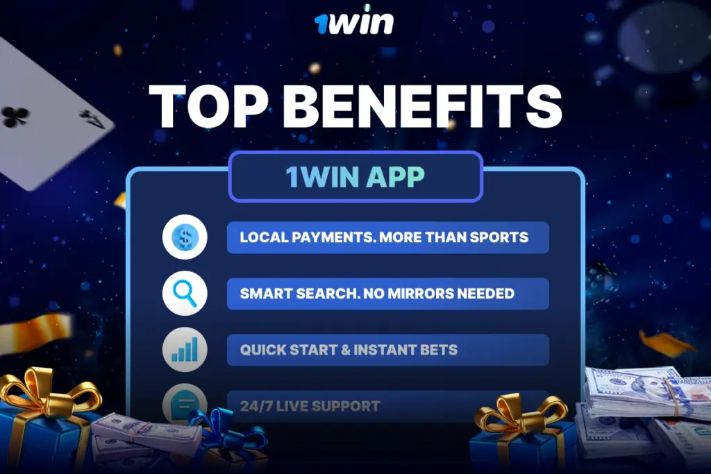 Blue info board displaying 1Win Nigeria top benefits like Quick Start, Instant Bets, 24/7 Support, Smart Search, No Mirrors and Local Payments.