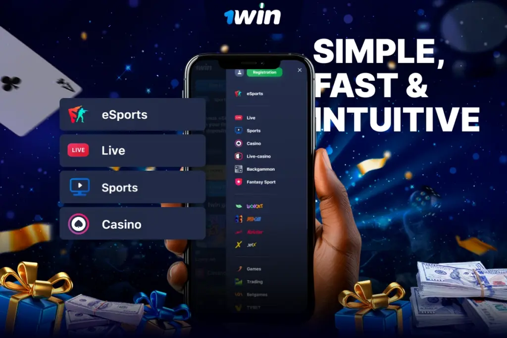 Hand holding smartphone with 1Win Nigeria app menu showing esports, live, casino and sports tabs on blue background with sparkles and confetti.