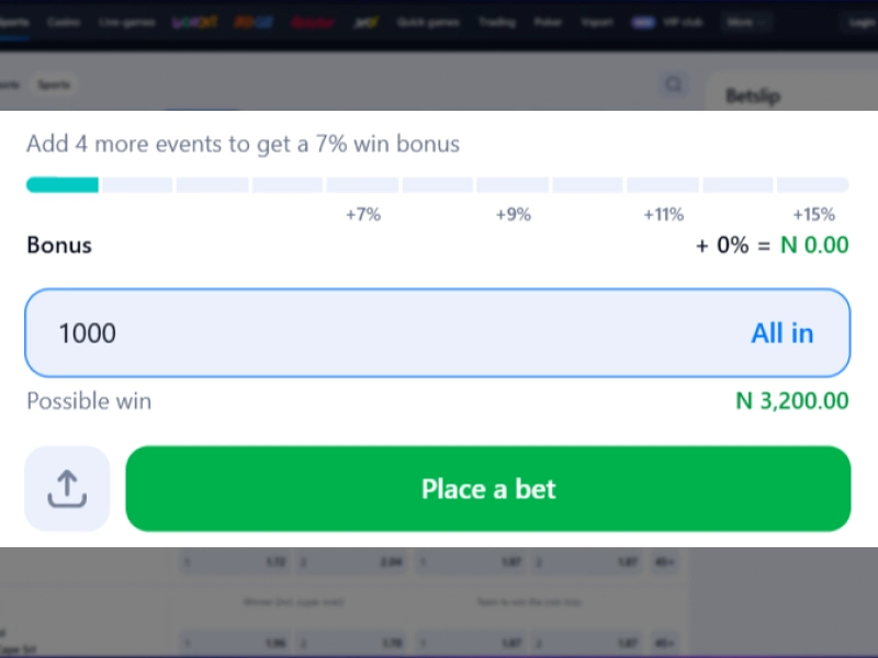 1Win Nigeria betting form with stake amount input highlighted and automatic payout calculation displayed based on odds.