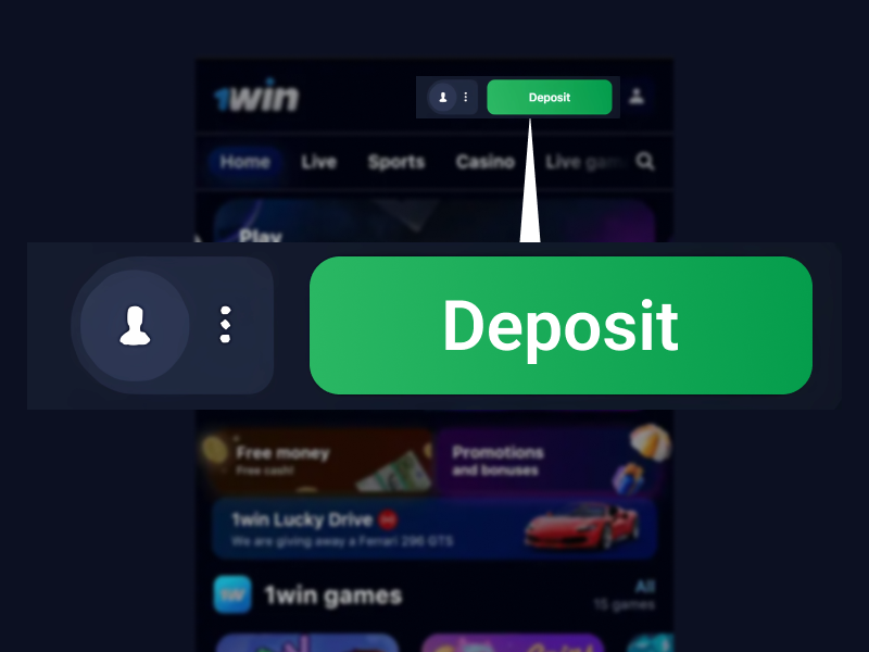 1Win Nigeria dashboard with Deposit button highlighted for crypto payment setup.