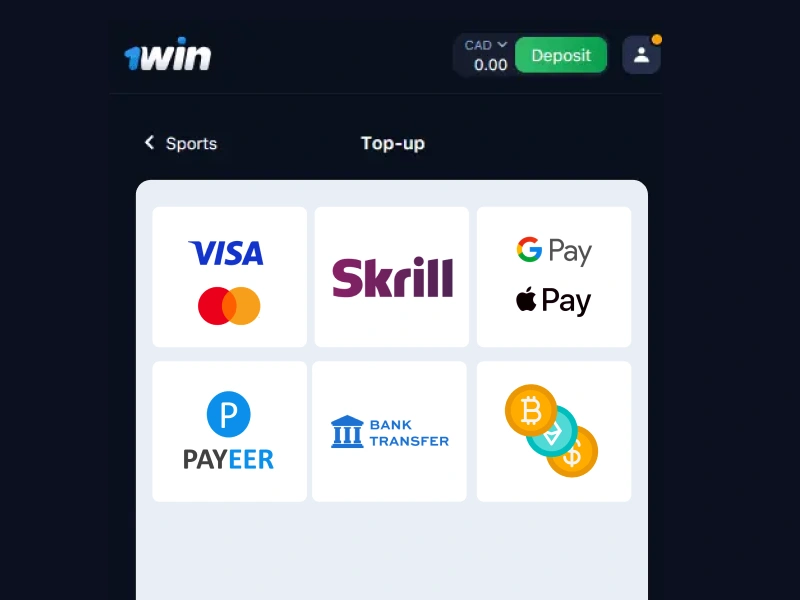 1Win Nigeria Deposit page showing list of payment methods including Visa, Mastercard, Skrill, Payeer and Bank Transfer.