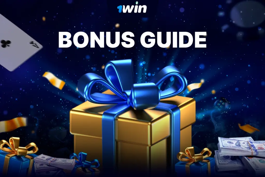 Golden gift box with blue ribbon on blue background with sparkles, confetti and cash for 1Win Nigeria bonus guide.