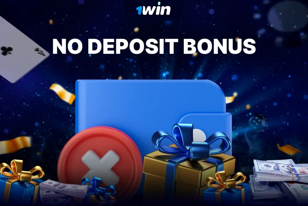 3D blue wallet with red cross icon on sparkling blue background with confetti and cash for 1Win Nigeria no deposit bonus.