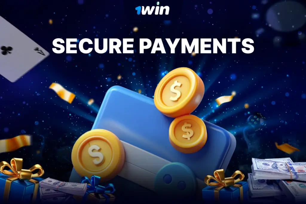 3D blue wallet with golden coins on sparkling blue background with confetti and cash representing 1Win Nigeria secure payments.