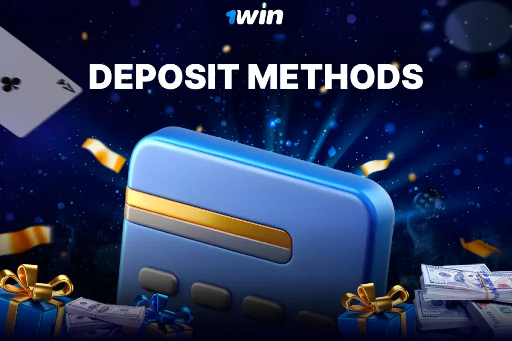 3D blue credit card icon with golden elements on sparkling blue background with confetti and money representing 1Win Nigeria deposit methods.