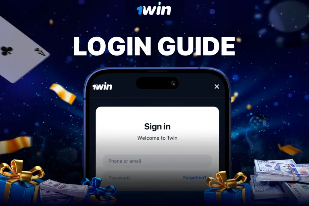 Smartphone displaying 1Win Nigeria Sign In page on blue background with sparkles, confetti and cash.