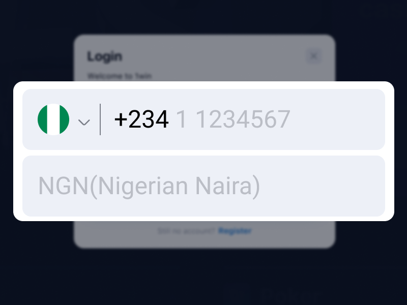 1Win Nigeria registration form with country selection set to Nigeria and preferred currency dropdown highlighted.