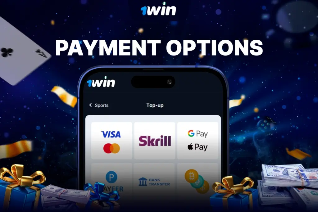 Smartphone showing 1Win Nigeria Deposit page with payment methods Visa, Mastercard, Bitcoin, Tether USDT, Google Pay, Apple Pay, Skrill, Payeer and Bank Transfer on blue background with sparkles and confetti.