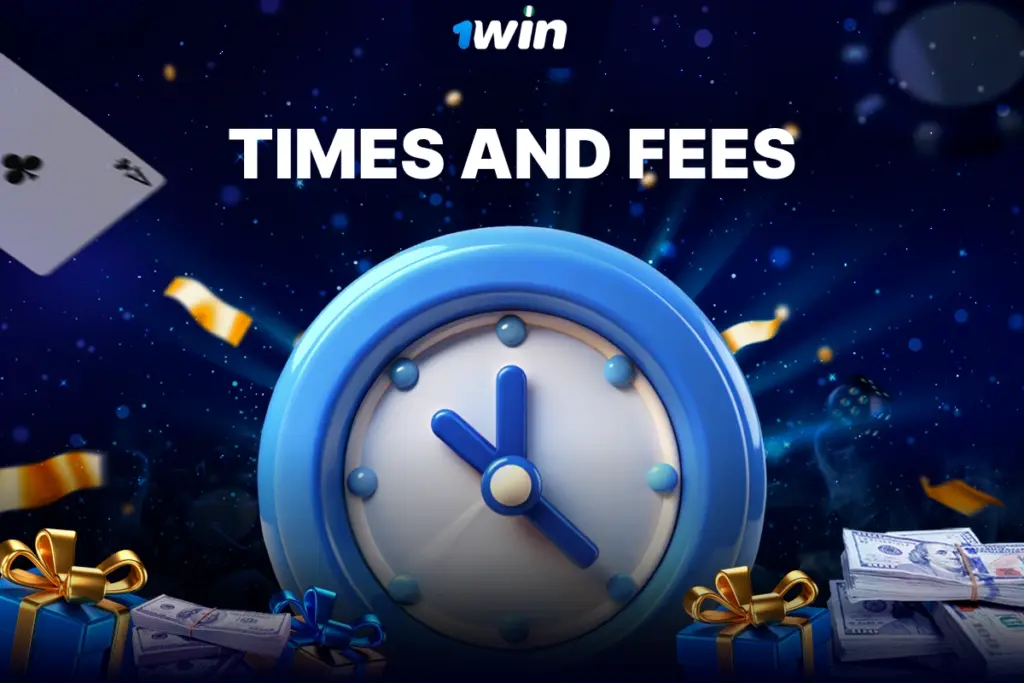 3D blue and white clock icon symbolizing transaction times and fees for 1Win Nigeria on blue background with sparkles and confetti.