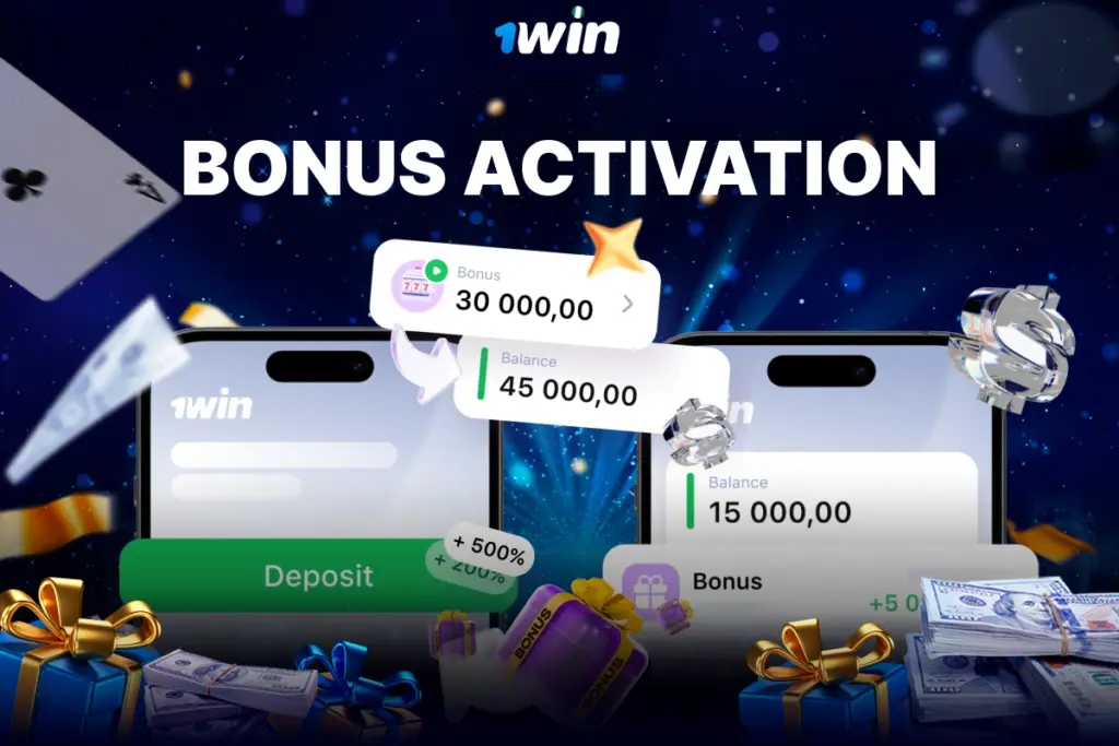 Two smartphones showing 1Win Nigeria deposit and bonus activation screens with sparkling blue background, confetti and cash.