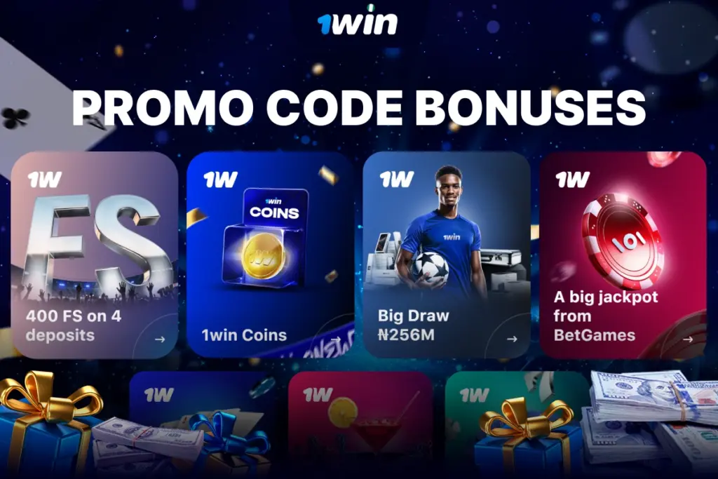 Bonus cards displaying Freebet, Deposit Bonus, Boosted Odds and Bet Insurance for 1Win Nigeria promotions on blue background with sparkles and confetti.
