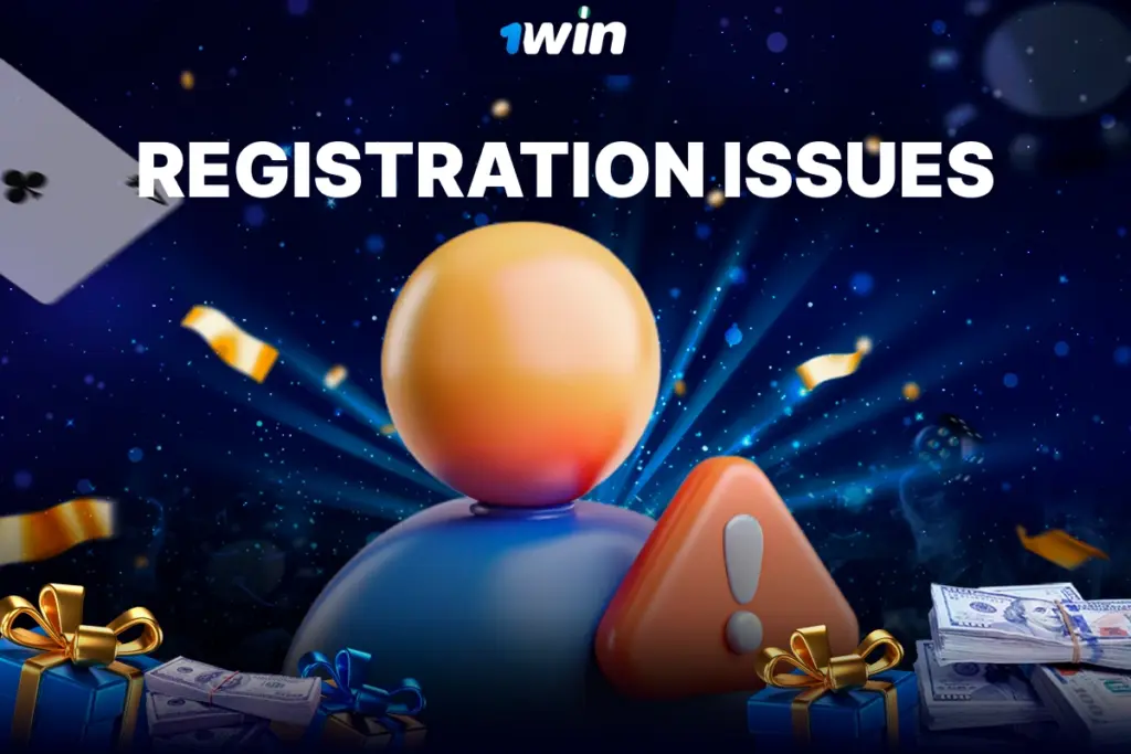 3D user account icon with red warning triangle on blue background with sparkles and confetti representing 1Win Nigeria registration issues.