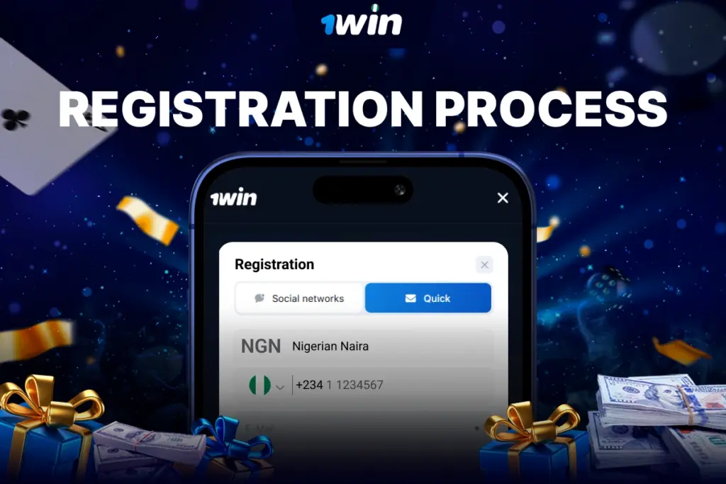 Smartphone showing 1Win Nigeria official registration form on blue background with sparkles, confetti, cash and gift boxes.