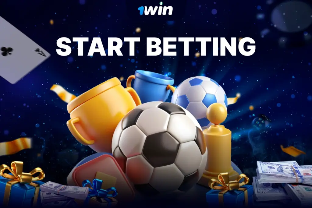 3D sports icons with balls, trophies and cards on sparkling blue background with confetti and cash symbolizing 1Win Nigeria start betting.