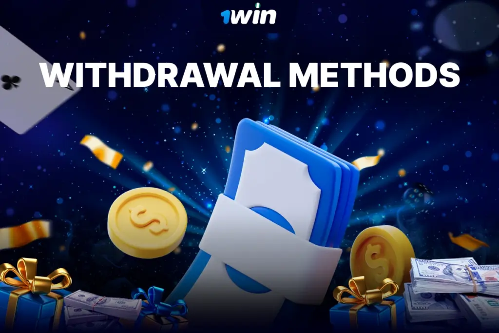 3D cash icon with golden coins on blue background with sparkles, confetti and money for 1Win Nigeria withdrawal methods.