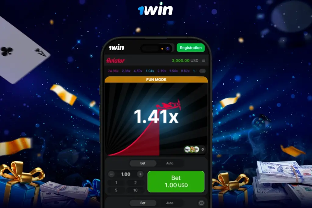 Aviator game interface on 1win showing rising multiplier and bet controls
