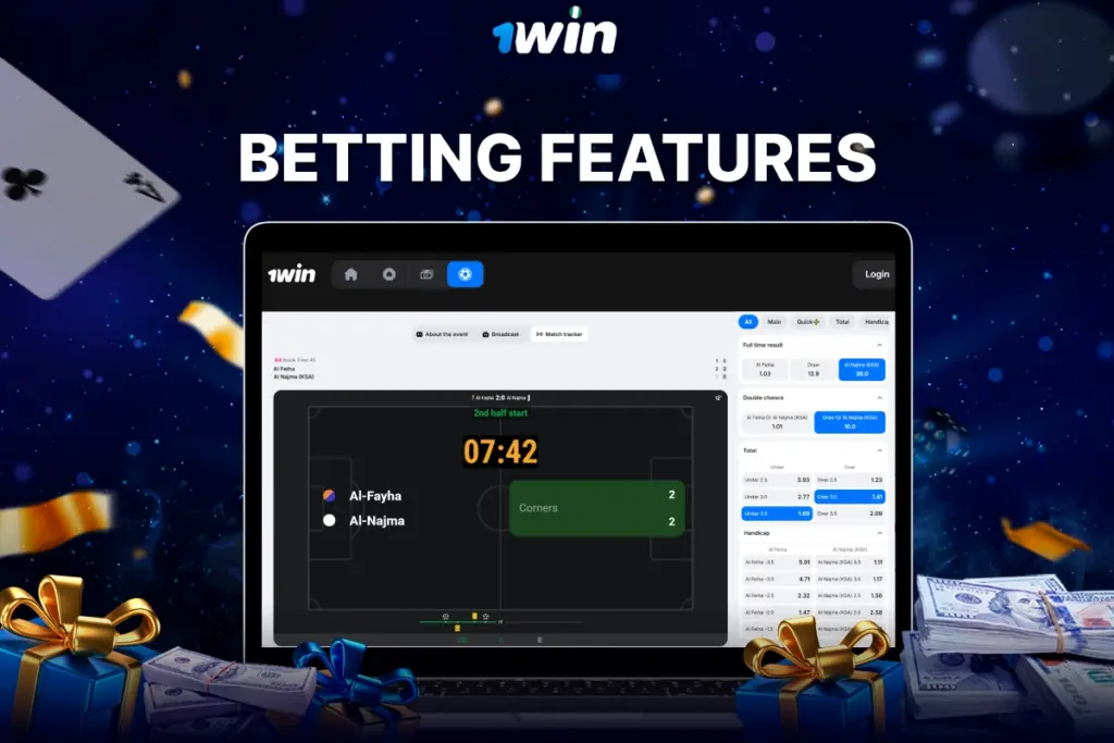 Betting features dashboard on 1win with live odds and timer