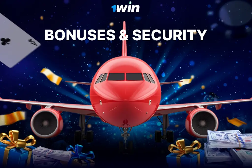 1win bonuses and security concept with airplane and rewards