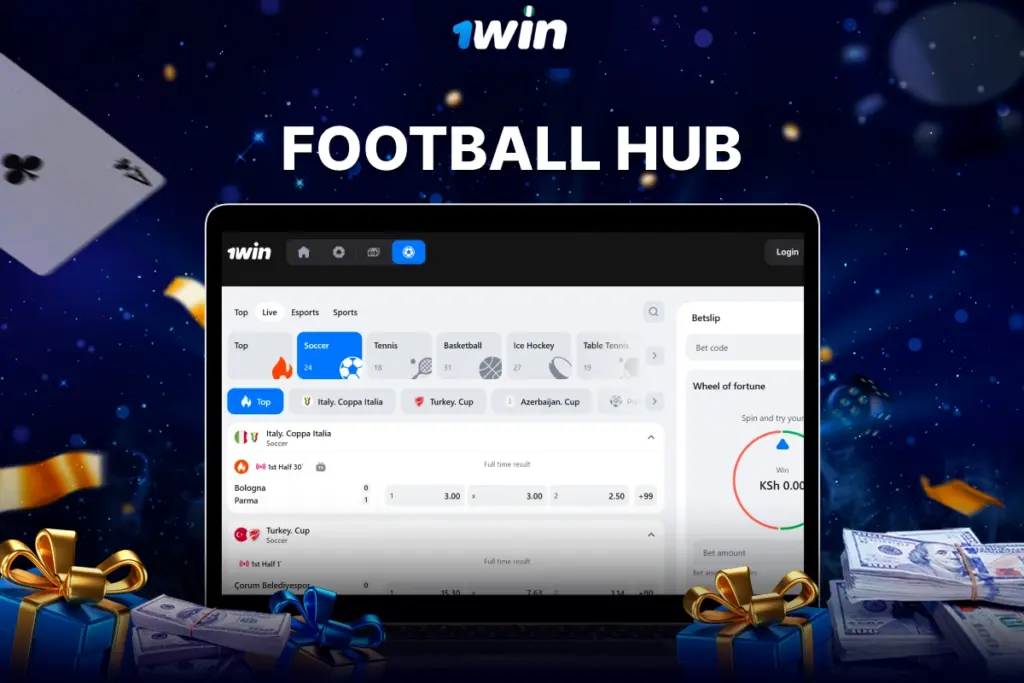 1win football hub interface with live matches and betting markets
